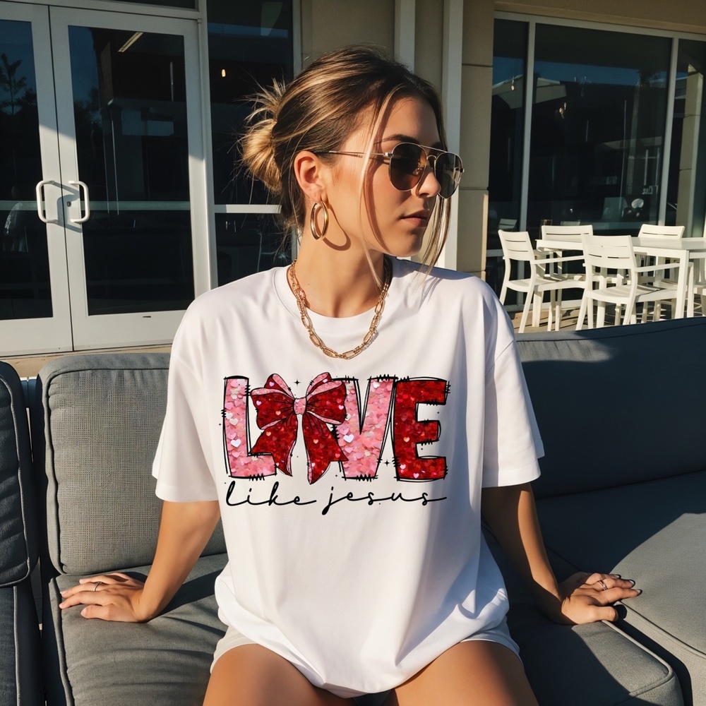 Love Like Jesus T-sirt short sleeve White Inspirational Faux Sequins S M L XL